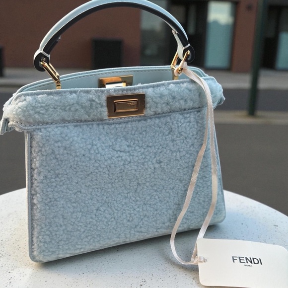 FENDI Peekaboo Mutton Fur + Lamb Leather Blue Powder Sugar + Soft Gold Mini NWT! - Picture 6 of 9